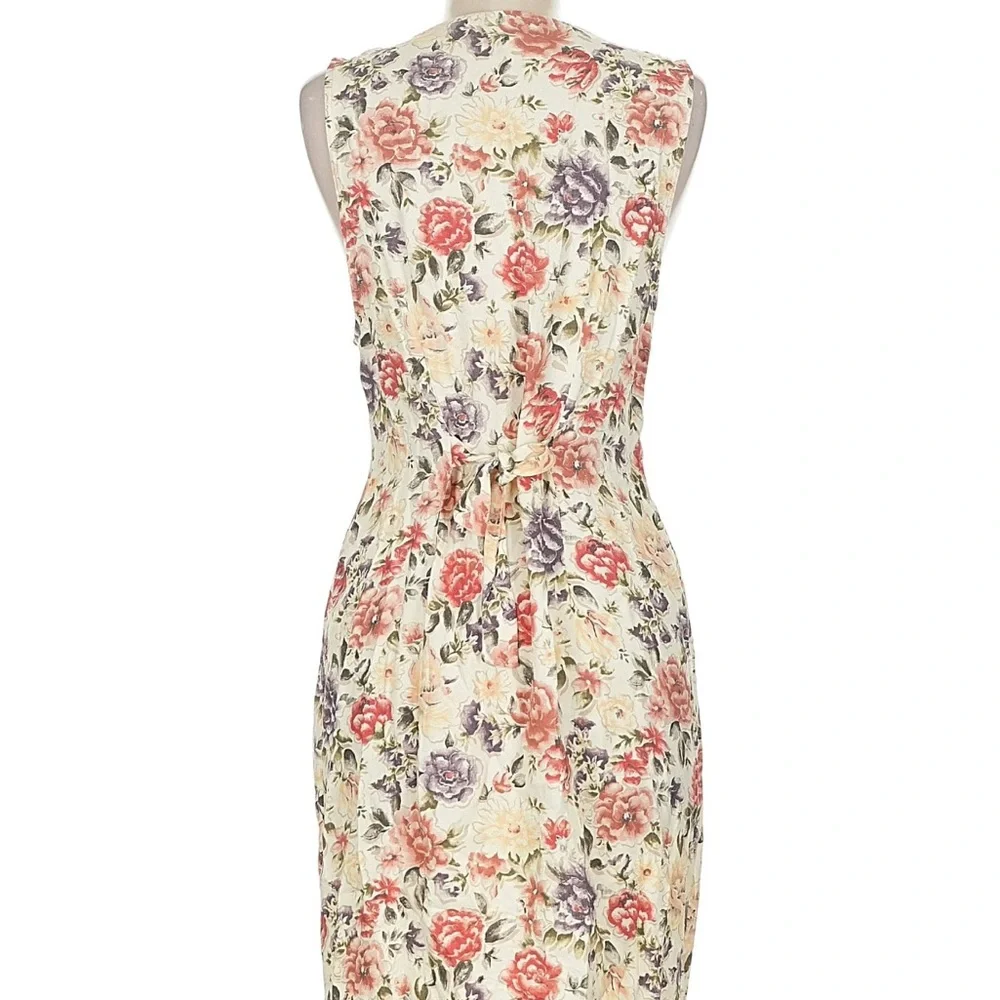 Vintage 90s Sz M Impressions of California Floral Button Down V-Neck Midi Dress - Picture 2 of 9